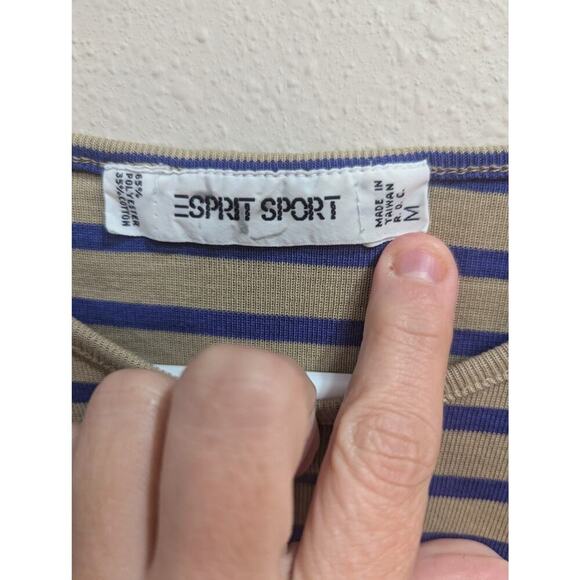 Vintage Esprit purple and tan Bretton striped 3/4 length sleeve crew neck top, M - Picture 2 of 8